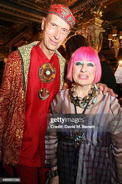 Zandra Rhodes and Andrew Logan attend the Zandra Rhodes presentation during London Fashion Week Spring/Summer 2016 at Hotel Cafe Royal on September...