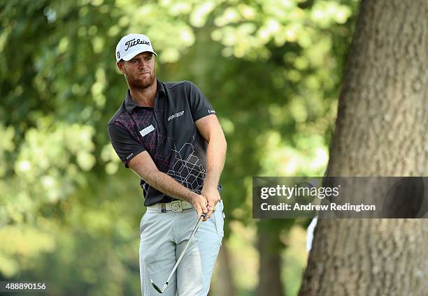 Lucas Bjerregaard of Denmark plays his third shot on the ninth hole during the second round of the 72nd Open d'Italia at Golf Club Milano on...