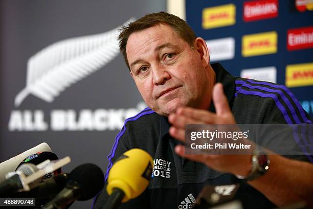 All Black coach Steve Hansen speaks during a New Zealand All Blacks media session at The Lensbury on September 18, 2015 in London, United Kingdom.