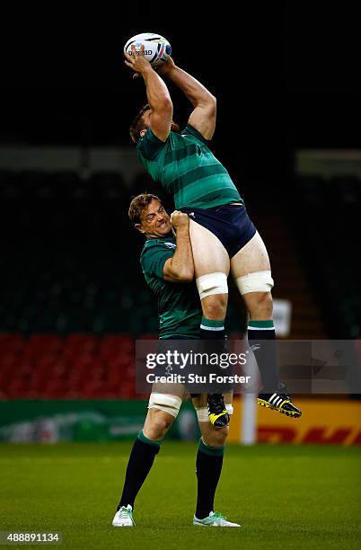 Ireland player Jamie Heaslip gives Sean O'Brien a lift during Ireland Captains Run ahead of their opening 2015 Rugby World Cup match against Canada...