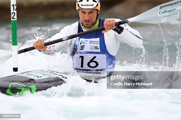 Alexander Grimm of Germany in action during the 1st Run Kayak men at Lee Valley White Water Centre at Lee Valley White Water Centre on September 18,...