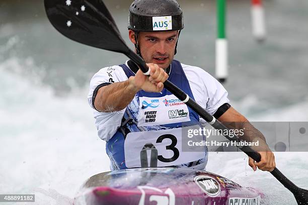Lucien Delfour of Australia in action during the 1st Run Kayak men at Lee Valley White Water Centre at Lee Valley White Water Centre on September 18,...