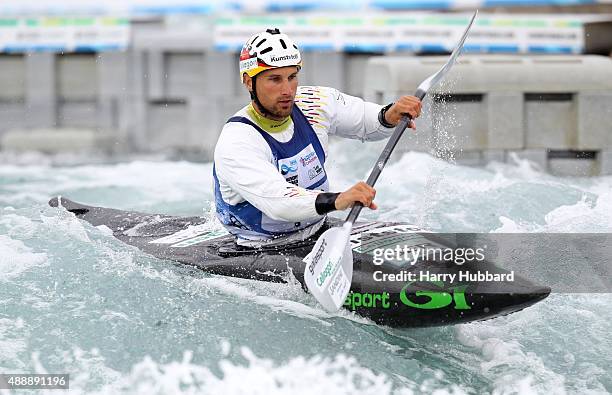 Alexander Grimm of Germany in action during the 1st Run Kayak men at Lee Valley White Water Centre at Lee Valley White Water Centre on September 18,...