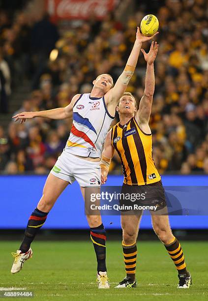 Sam Jacobs of the Crows and Ben McEvoy of the Hawks compete in the ruck during the Second AFL Semi Final match between the Hawthorn Hawks and the...