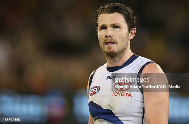 Patrick Dangerfield of the Crows looks dejected after a loss during the 2015 AFL Second Semi Final match between the Hawthorn Hawks and the Adelaide...