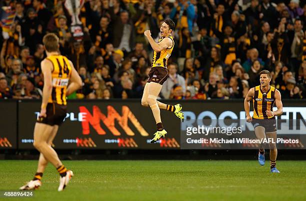Isaac Smith of the Hawks celebrates a goal during the 2015 AFL Second Semi Final match between the Hawthorn Hawks and the Adelaide Crows at the...