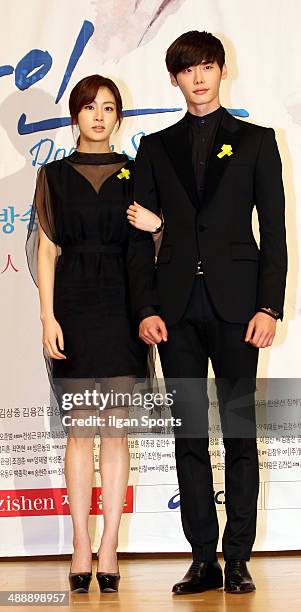 Kang So-Ra and Lee Jong-Suk attend the SBS drama 'Doctor Stranger' press conference at SBS broadcasting center on April 29, 2014 in Seoul, South...