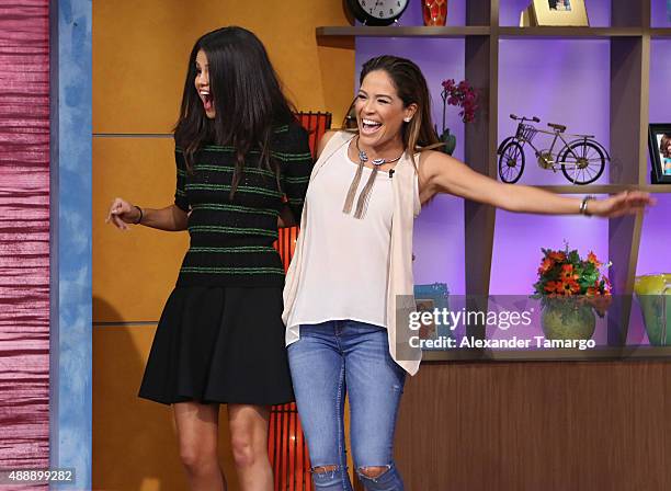 Selena Gomez and Karla Martinez visit the set of "Despierta America" to promote the film "Hotel Transylvania 2" at Univision Studios on September 18,...