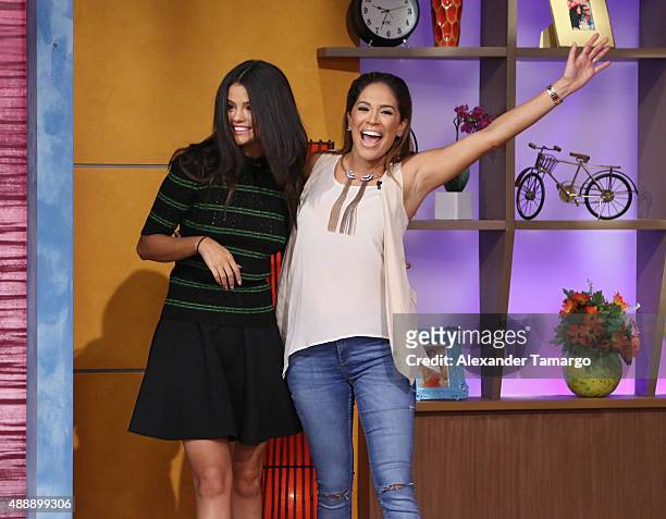 Selena Gomez and Karla Martinez visit the set of "Despierta America" to promote the film "Hotel Transylvania 2" at Univision Studios on September 18,...