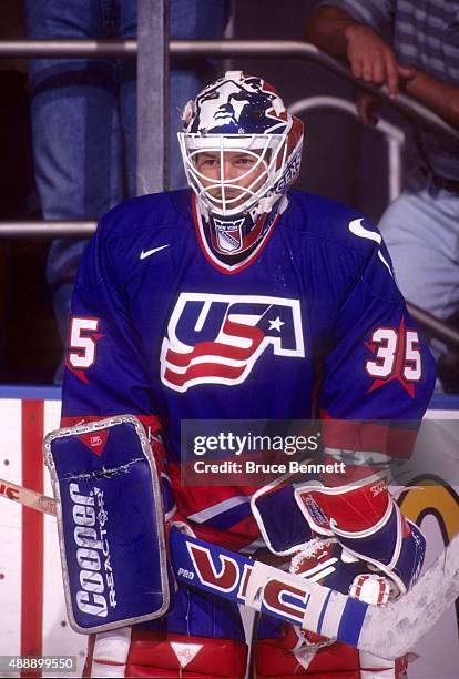 Goalie Mike Richter of the United States stands next to the boards before a game during the 1996 World Cup of Hockey in September, 1996 at the...