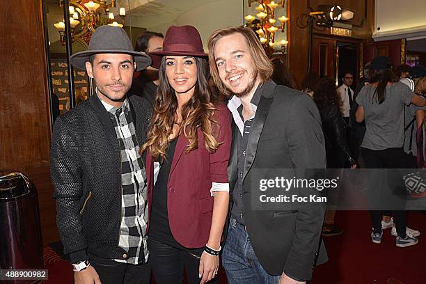 Alban Bartoli, Sarah Kaddour and Adrien graf from Unissons Nos voix attend the '35th Nuit des Publivores' at Grand Rex September 17, 2015 in Paris,...