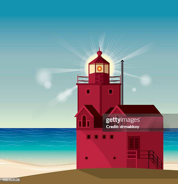 big red lighthouse - lake michigan stock illustrations