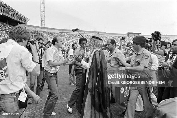 Sheikh Fahd al-Ahmed al-Sabah , brother of Emir of Kuwait is pictured during the World Cup football match between France and Kuwait on June 21 in...