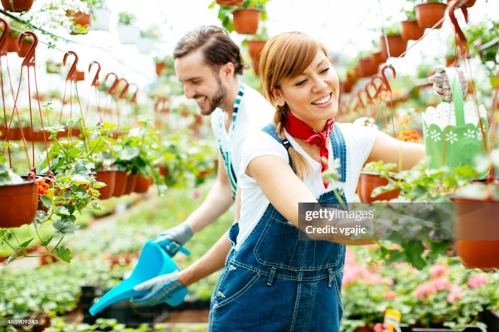 Jovens a trabalhar no jardim de viveiro.