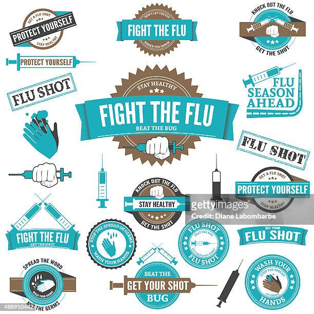 illustrazioni stock, clip art, cartoni animati e icone di tendenza di vaccinazione antinfluenzale e lavarsi le mani di badge e francobolli - vaccino antinfluenzale