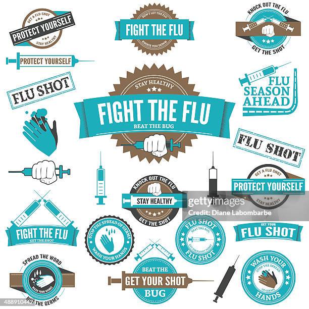 stockillustraties, clipart, cartoons en iconen met flu shot and hand washing badges and stamps - flu