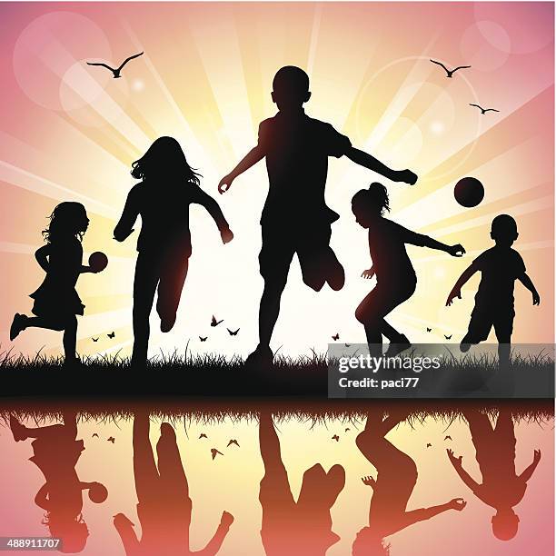 happy children - children playing silhouette stock illustrations