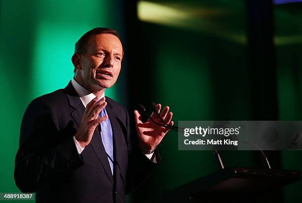 Australian Prime Minister Tony Abbott speaks during the Official Welcome Home Celebration For The 2014 Sochi Olympians And Paralympians at Museum of...