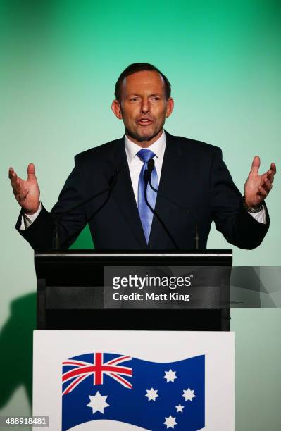 Australian Prime Minister Tony Abbott speaks during the Official Welcome Home Celebration For The 2014 Sochi Olympians And Paralympians at Museum of...