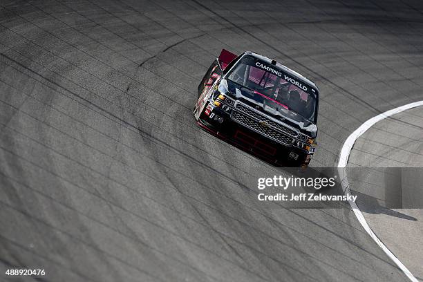 Caleb Roark, driver of the Driven2Honor.org Chevrolet, practices for the NASCAR Camping World Truck Series American Ethanol E15 225 at Chicagoland...