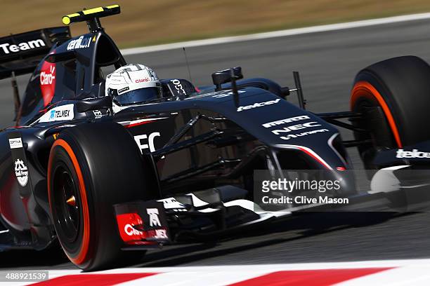 Giedo van der Garde of Netherlands and Sauber F1 drives during practice ahead of the Spanish F1 Grand Prix at Circuit de Catalunya on May 9, 2014 in...