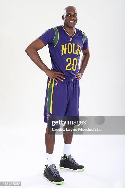 Quincy Pondexter of the New Orleans Pelicans unveils the Mardi Gras-themed Pride uniforms to be worn during the 2015-16 season on September 17, 2015...