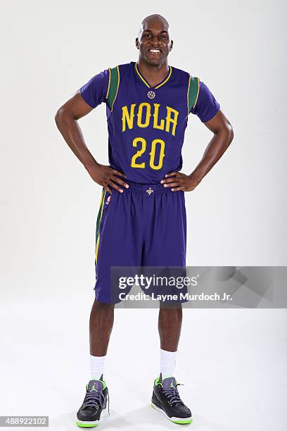Quincy Pondexter of the New Orleans Pelicans unveils the Mardi Gras-themed Pride uniforms to be worn during the 2015-16 season on September 17, 2015...