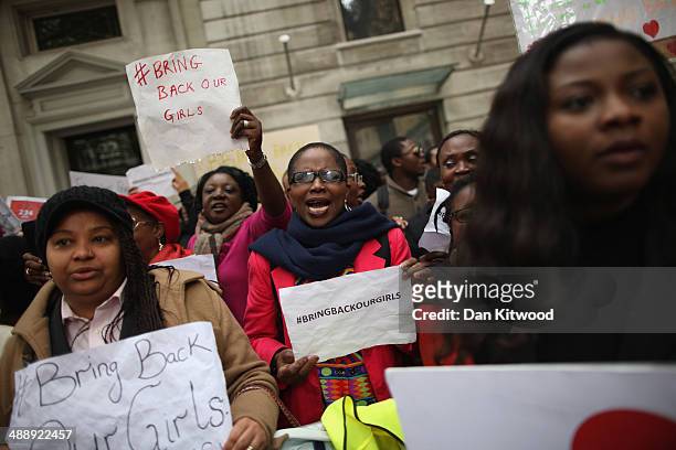 Protesters calling for the release of 276 abducted Nigerian schoolgirls gather outside Nigeria House on May 9, 2014 in London, England. 276...