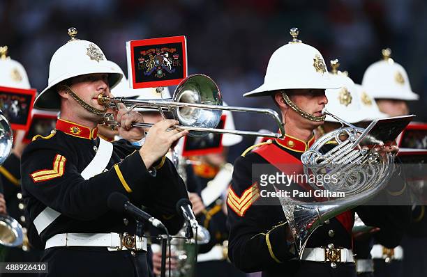 Military band plays during the opening ceremony ahead of the 2015 Rugby World Cup Pool A match between England and Fiji at Twickenham Stadium on...