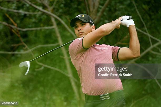 Jason Day of Australia plays his shot from the seventh tee during the Second Round of the BMW Championship at Conway Farms Golf Club on September 18,...