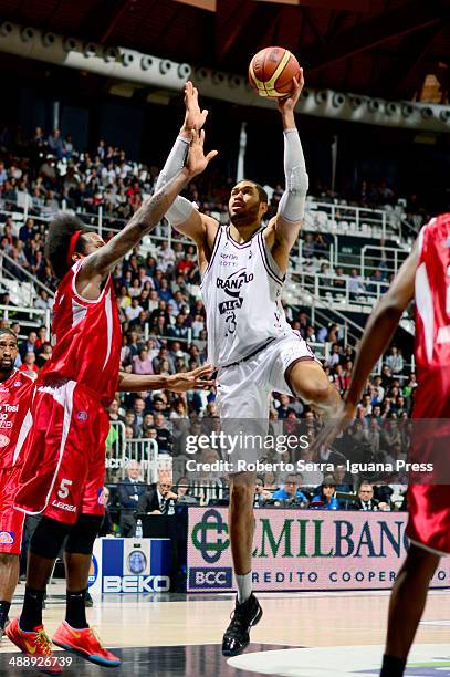 Jerome Jordan of Granarolo competes with Ed Daniel of Giorgio Tesi Group during the LegaBasket match between Granarolo Bologna and Giorgio Tesi Group...