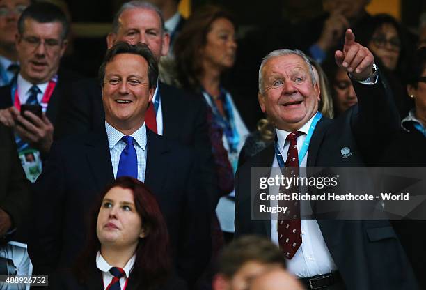 Prime Minister David Cameron and Bill Beaumont during the opening ceremony of the 2015 Rugby World Cup Pool A match between England and Fiji at...