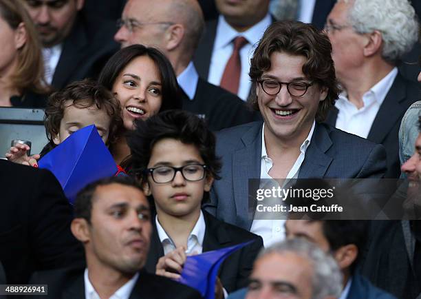 Jean Sarkozy, his wife Jessica Sebaoun and their son Solal Sarkozy attend the french Ligue 1 match between Paris Saint-Germain FC and Stade Rennais...