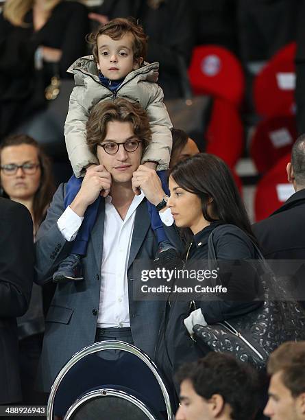 Jean Sarkozy, his wife Jessica Sebaoun and their son Solal Sarkozy attend the french Ligue 1 match between Paris Saint-Germain FC and Stade Rennais...