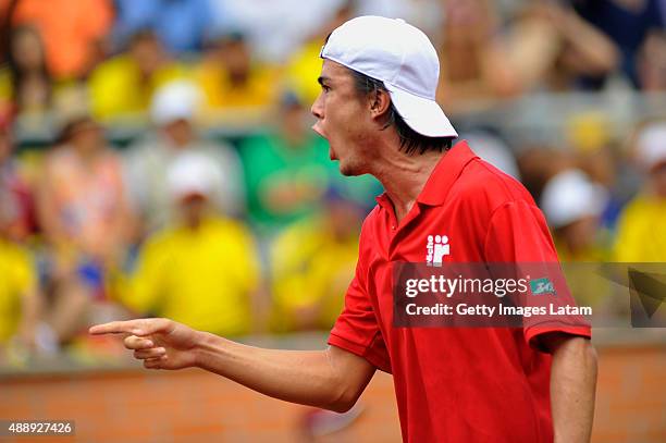 Taro Daniel of Japan reacts during the Davis Cup World Group Play-off singles match between Santiago Giraldo of Colombia and Taro Daniel of Japan at...