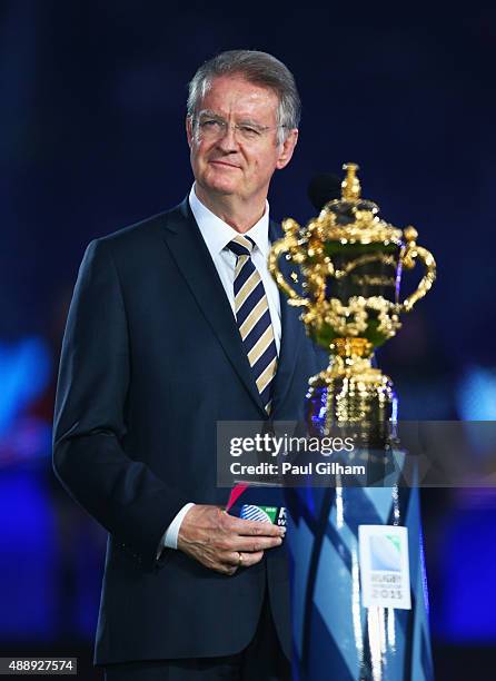 World Rugby Chairman Bernard Lapasset looks on during the opening ceremony ahead of the 2015 Rugby World Cup Pool A match between England and Fiji at...