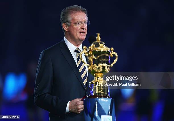 World Rugby Chairman Bernard Lapasset looks on during the opening ceremony ahead of the 2015 Rugby World Cup Pool A match between England and Fiji at...