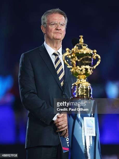 World Rugby Chairman Bernard Lapasset looks on during the opening ceremony ahead of the 2015 Rugby World Cup Pool A match between England and Fiji at...