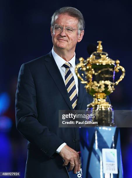 World Rugby Chairman Bernard Lapasset looks on during the opening ceremony ahead of the 2015 Rugby World Cup Pool A match between England and Fiji at...