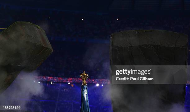 The Webb Ellis Cup is unveiled during the opening ceremony ahead of the 2015 Rugby World Cup Pool A match between England and Fiji at Twickenham...