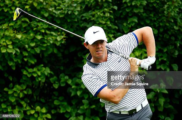 Rory McIlroy of Northern Ireland plays his shot from the 13th tee during the Second Round of the BMW Championship at Conway Farms Golf Club on...