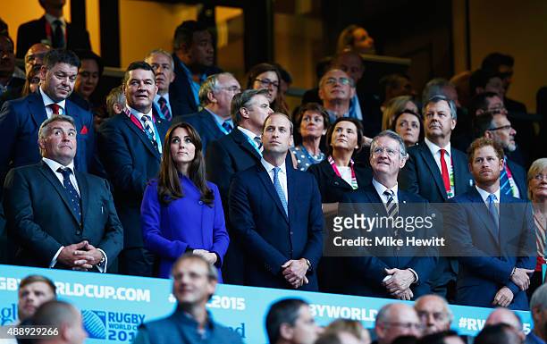 President Jason Leonard, Catherine, Duchess of Cambridge, Prince William, Duke of Cambridge, World Rugby Chairman Bernard Lapasset and Prince Harry...