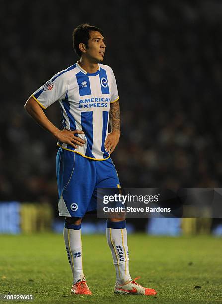 Inigo Calderon of Brighton & Hove Albion during the Sky Bet Championship Play Off semi final first leg match between Brighton & Hove Albion and Derby...