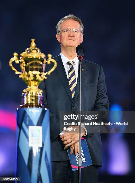 World Rugby via Getty Images Chairman Bernard Lapasset speaks during the opening ceremony ahead of the 2015 Rugby World Cup Pool A match between...