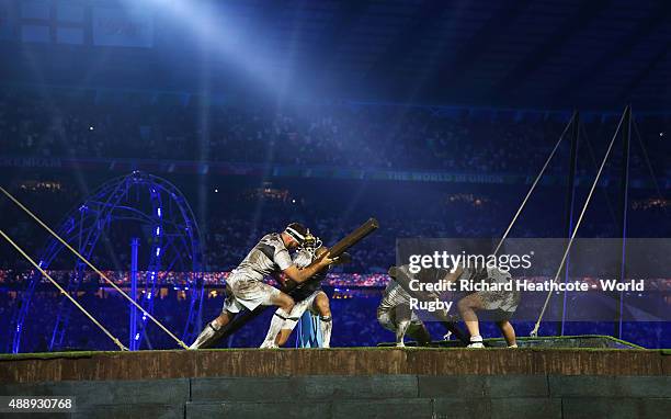 Artists perform during the opening ceremony ahead of the 2015 Rugby World Cup Pool A match between England and Fiji at Twickenham Stadium on...