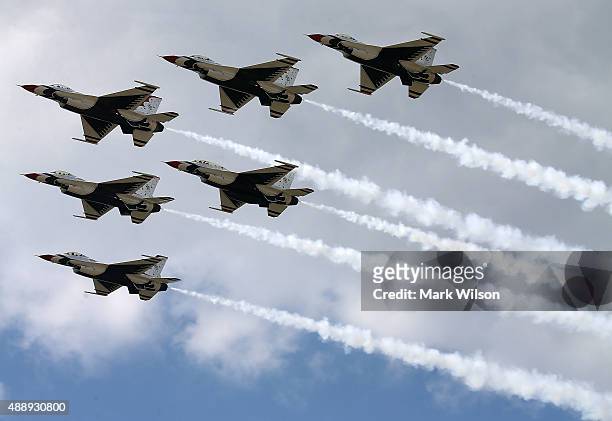 The US Air Force Thunderbirds are seen rehearsing their persision flying routine, September 18, 2015 in Forestville, Maryland. This weekend the...