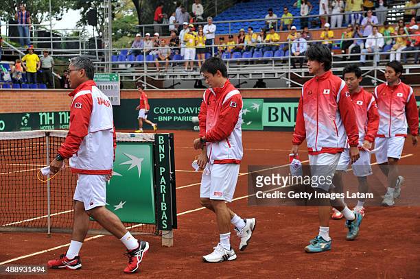 Japanese team prior to the inauguration ceremony of the Davis Cup World Group Play-off singles match between Santiago Giraldo of Colombia and Taro...
