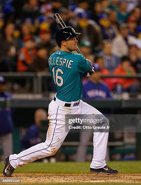 Cole Gillespie of the Seattle Mariners bats against the Texas Rangers at Safeco Field on April 25, 2014 in Seattle, Washington.