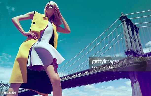 Model Aline Weber is photographed for a fashion editorial for Harpers Bazaar Singapore on May 5, 2014 in New York City. Published Image.