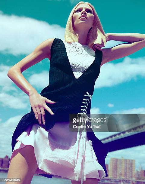 Model Aline Weber is photographed for a fashion editorial for Harpers Bazaar Singapore on May 5, 2014 in New York City. Published Image.